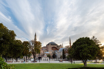Hagia Sophia at dawn, famous landmark of Istanbul taken in old town Sultanahmet area in Turkey	