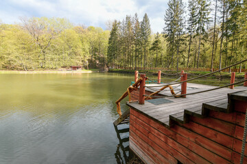 Detail of log house with wooden pier at the lake in forest
