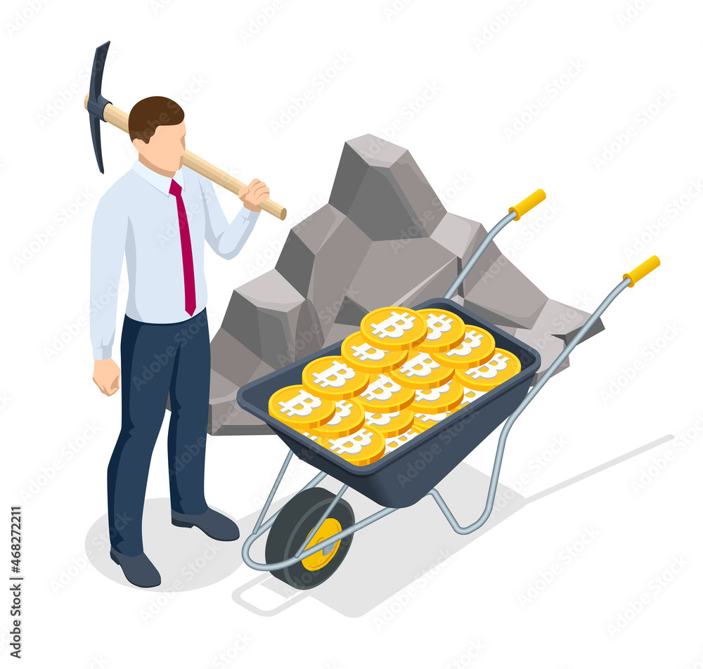 Poster isometric miner is digging on golden bitcoin. devices and technology for mining cryptocurrency. mach