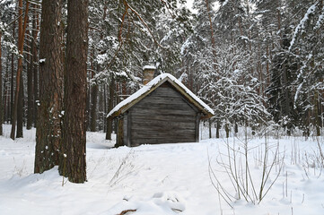 Old uninhabited wooden house in winter in the middle of the forest.