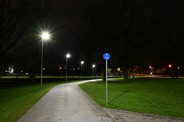 Pedestrian area and bike path in the city park on a summer night.