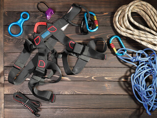 Safety belt harness for descent from rope height with carabiners, mountaineering and insurance, on...