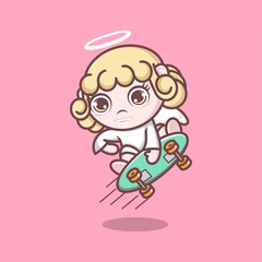 cute cartoon angel playing skateboard. vector illustration for mascot logo or sticker