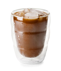 Glass of tasty iced coffee on white background