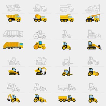 Set Of Construction Vehicle Vector Design Illustration. Education Coloring Book Pages For Kids.	
