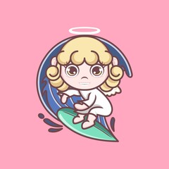 cute cartoon angel surfing the waves. vector illustration for mascot logo or sticker