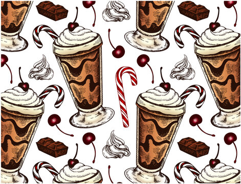 Sketch hand drawn pattern of milk chocolate cocktail with whipped cream, candy cane, maraschino cherry isolated on transparent background. Drawing Christmas drink wallpaper. Vector illustration.