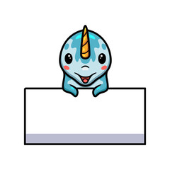 Cute little narwhal cartoon with blank sign