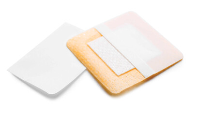Square adhesive medical plaster on white background