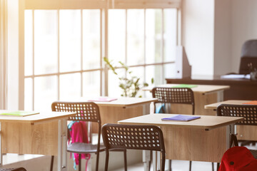 Interior of classroom prepared for lesson
