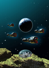 ufo in space, return to the secret space base on the asteroid, 3d illustration