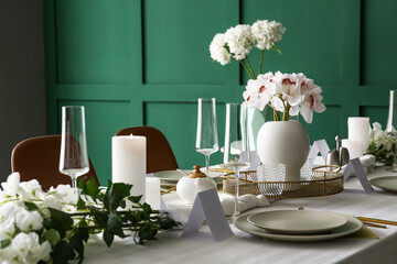 Beautiful table setting for wedding celebration in restaurant