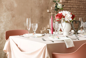 Beautiful table setting for wedding celebration in restaurant