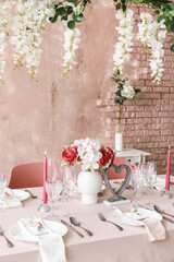 Beautiful table setting for wedding celebration in restaurant