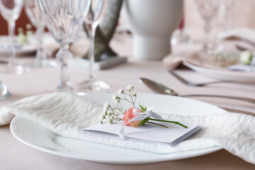 Beautiful table setting for wedding celebration in restaurant