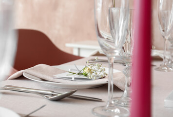 Beautiful table setting for wedding celebration in restaurant