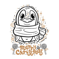 Doodle christmas penguin in vector. Idea for design of cards, background, pattern, set or childrens illustration.