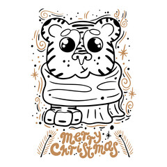 Doodle christmas tiger in vector. Idea for design of cards, background, pattern, set or childrens illustration.