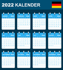 German Calendar for 2022. Scheduler, agenda or diary template. Week starts on Monday