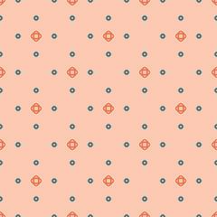 Vector minimalist seamless pattern. Abstract geometric floral background. Simple ornament with small flowers, linear shapes. Minimal modern texture. Orange, navy blue and peach color. Repeat design