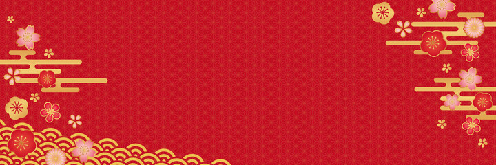 和柄花模様と麻の葉文様の赤色背景