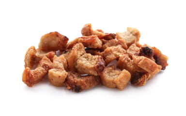 Heap of tasty cracklings on white background