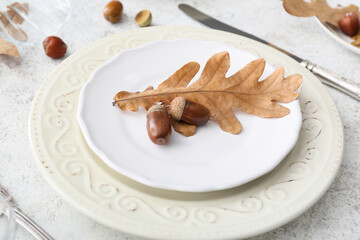 Stylish autumn table setting on light background