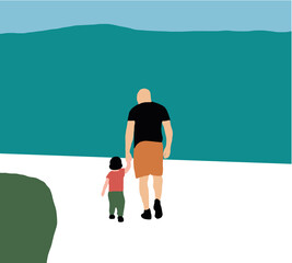 Father and son walking together in summer park. Family enjoying outdoors. Parenting flat vector illustration