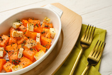 Dish with tasty baked pumpkin pieces on white wooden background, closeup