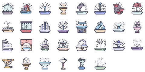 Water fountains color vector doodle simple icon set