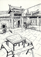 beijing siheyuan yard hand drawn illustration,art design