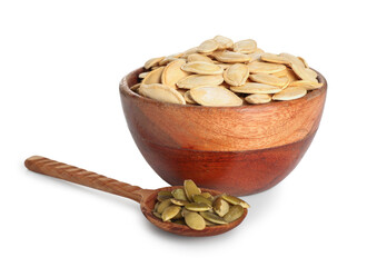Bowl and spoon with natural pumpkin seeds on white background