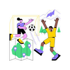 Soccer camp abstract concept vector illustration. Football summer vacation, day camp, soccer academy, kids playing, specialty school, teamwork training, youth sport program abstract metaphor.