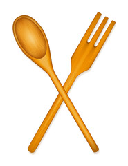 Wooden kitchen tools, salad spoon and fork isolated on white background, copy space 