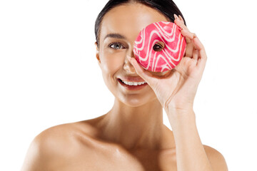 beautiful girl holding a donut near her eye, Portrait of a cheerful positive girl with delicious...