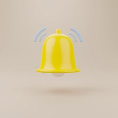 Yellow notification bell ringing on brown background. 3d rendering illustration