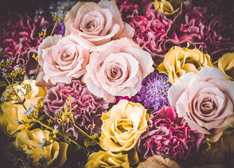 Floral background with vintage style colors. Roses and carnations.