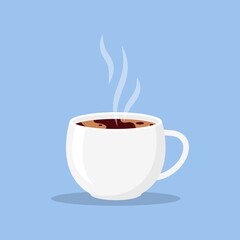 White cup of fresh coffee in cartoon style. Ceramic mug with hot drink latte, espresso with aroma steam. Mockup filled coffee with space for labels. Great for poster, card. Closeup Vector illustration