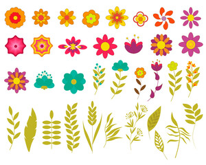 A set of stylized flowers and leaves. Vibrant vintage retro 70s style. For use in packaging, cards and invitations, fabrics and prints, wallpapers, covers and flyers, packaging. Vector illustration.