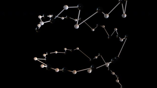 Geometric curved 3d render line with balls. Severed evolutionary DNA for biological research and chemical experiments. Twisted spiral of genome in digital space.
