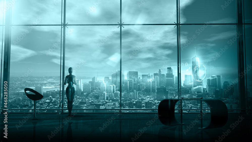 Poster sci-fi scene with a robot working in a futuristic office, 3d render.