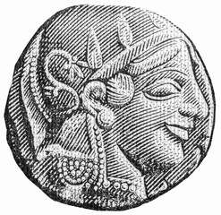 Ancient silver tetradrachm coin of Athens, Portrait from Greece Banknotes.