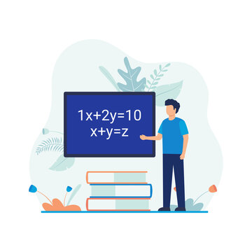 Education vector illustration. Man standing next to blackboard and pile of books. Flat design suitable for many purposes.