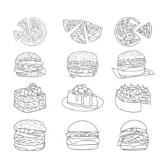 Fast Food Doodle Line Art Illustration. Hand Drawn Vector Clip Art. Banner Set Logos.