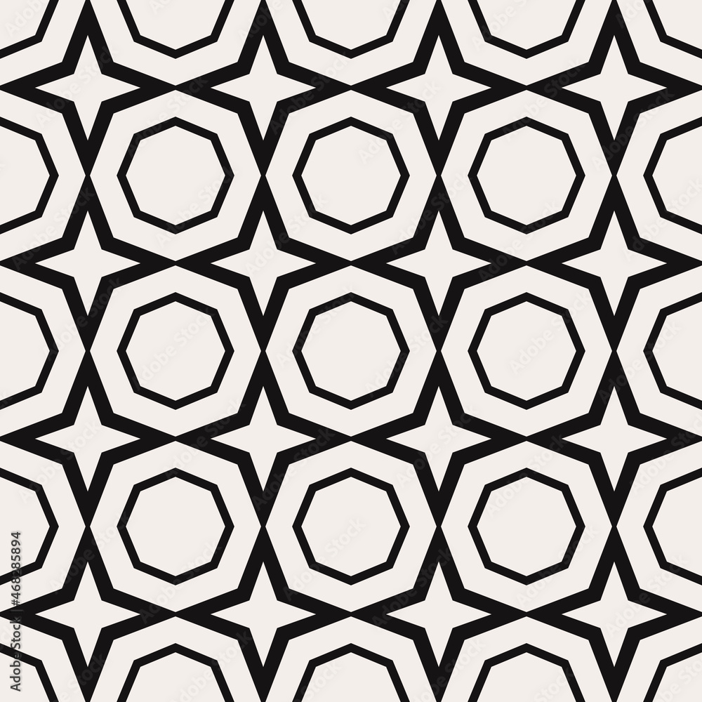 Poster Octagons and four-pointed stars, empty inside. Black shapes and white background, seamless vector pattern.