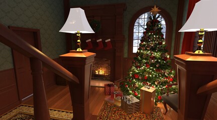 Christmas room vintage style interior 3d illustration