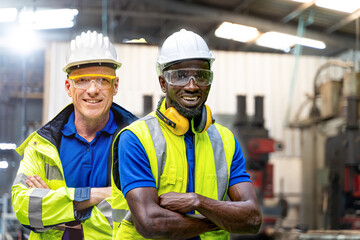 group African and senior man workers engineering standing with confident with blue working suite...
