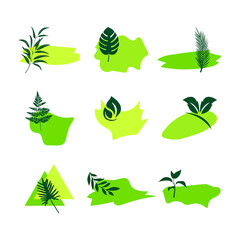 Vector set of liquid organic forms and badges set with plants, leaves. Flowing shapes banners. Template for logo, branding, web design, social media post, business card, invitation, print