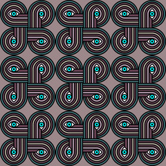 Seamless abstract pattern with bright blue eyes. Vector mystical black ornament on a soft pink background in trendy colors. Modern graphic pattern.