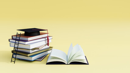 Graduation hat on stack books. Education, learning on school and university or idea concept. 3d illustration